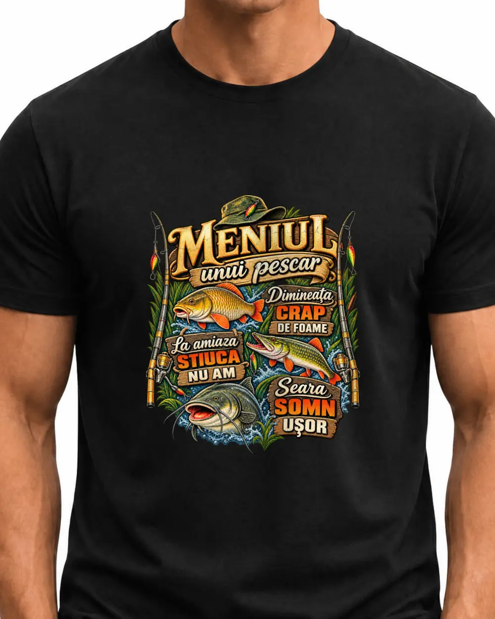 Meniul unui pescar — Față · Mediu · Negru · Clasic