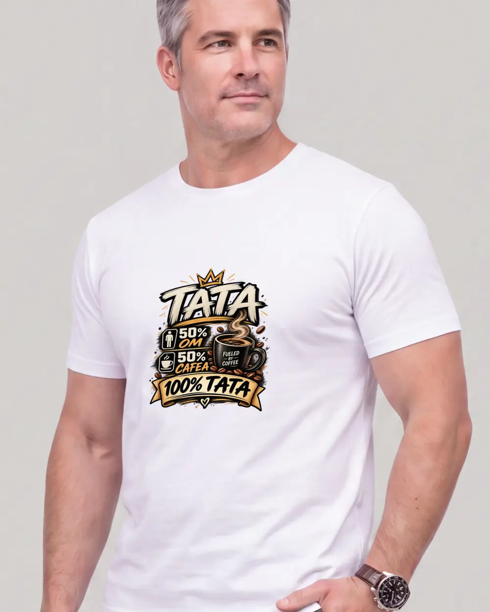 Tata 50% om, 50% cafea — Față · Bărbat · 45 · Mediu · Alb